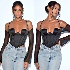 Miss Circle- Pixie Black Mesh Sleeve Halter Corset